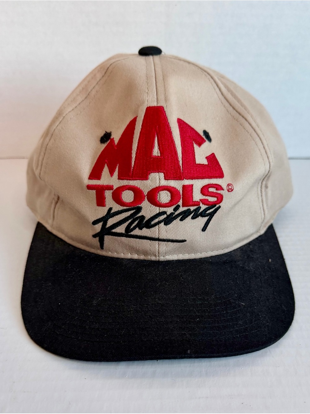 Vintage Mac Tools Racing Snapback Hat Featuring a Beige Crown & Black Brim